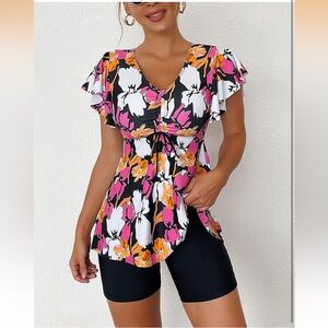 NWT 2-piece bike short ruffle sleeve swimsuit orange pink navy black floral XL